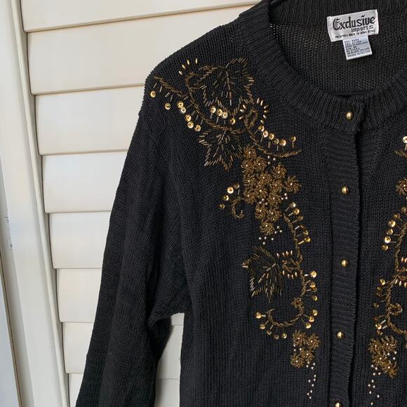 Vintage Gold Beaded and Sequin Black Cardigan Knit Sweater Women's Medium - Picture 4 of 11